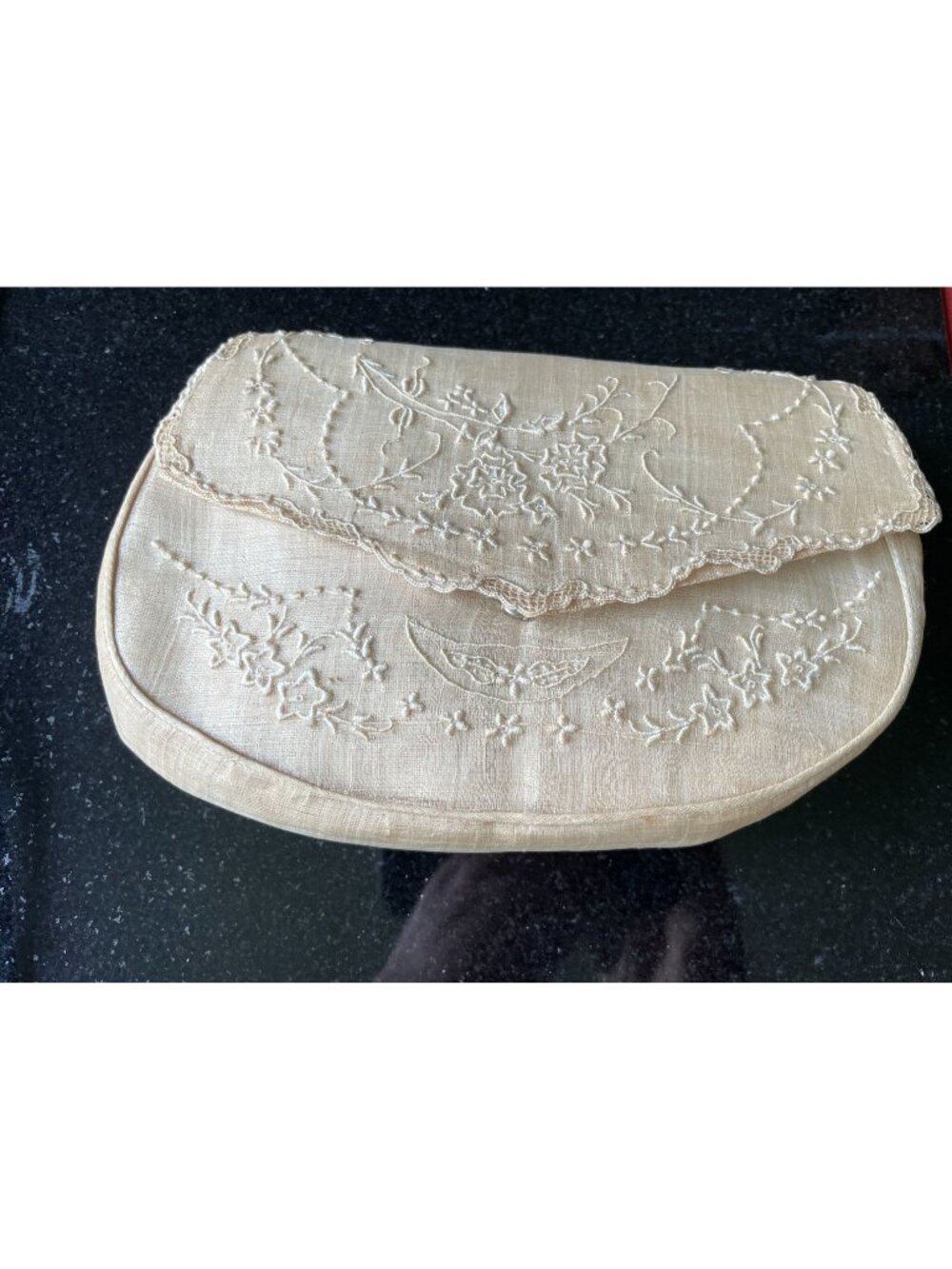 Vintage 1950s Embroidered Silk Organza Evening Bag Braided Strap Clutch Pouch
